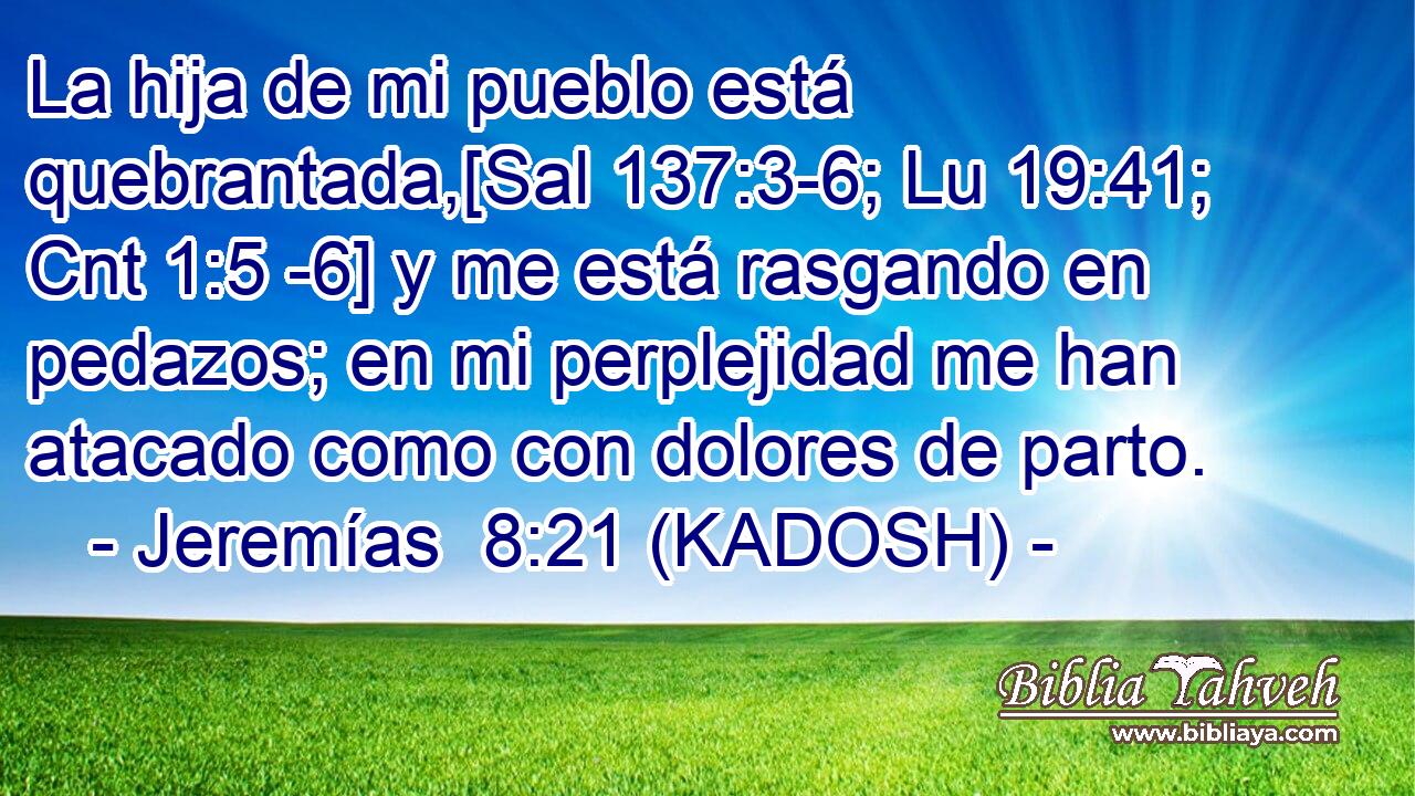  La hija de mi pueblo está quebrantada,[Sal 137:3-6; Lu 19:41; Cnt 1:5 -6] y me está rasgando en pedazos; en mi perplejidad me han atacado como con dolores de parto. 
