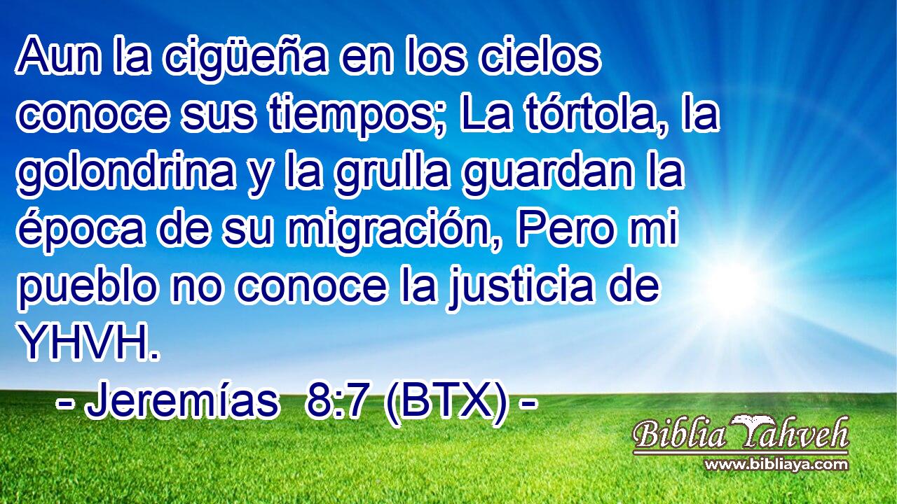 Aun la cigüeña en los cielos conoce sus tiempos; La tórtola, la golondrina y la grulla guardan la época de su migración, Pero mi pueblo no conoce la justicia de YHVH.