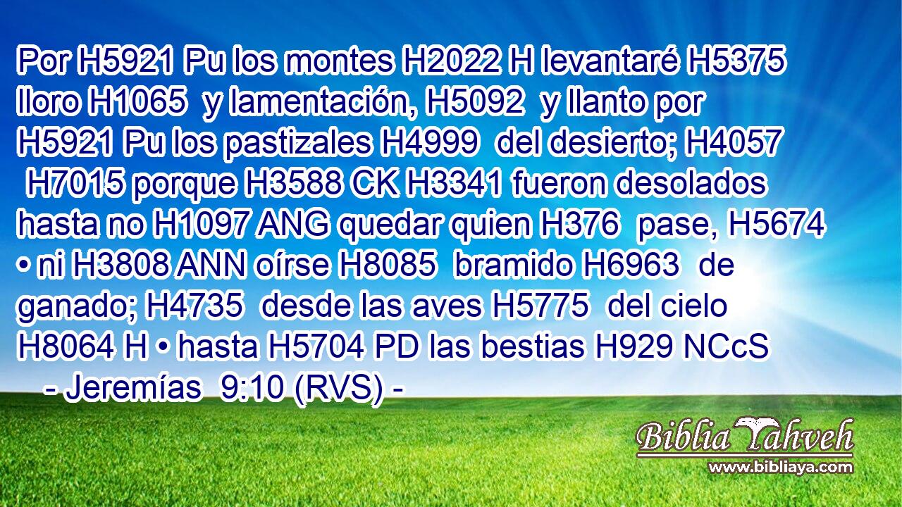 Por H5921 Pu los montes H2022 H levantaré H5375  lloro H1065  y lamentación, H5092  y llanto por H5921 Pu los pastizales H4999  del desierto; H4057  H7015 porque H3588 CK H3341 fueron desolados hasta no H1097 ANG quedar quien H376  pase, H5674  • ni H3808 ANN oírse H8085  bramido H6963  de ganado; H4735  desde las aves H5775  del cielo H8064 H • hasta H5704 PD las bestias H929 NCcS