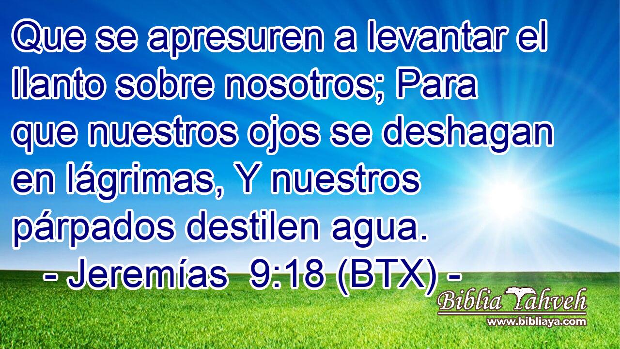 Que se apresuren a levantar el llanto sobre nosotros; Para que nuestros ojos se deshagan en lágrimas, Y nuestros párpados destilen agua.
