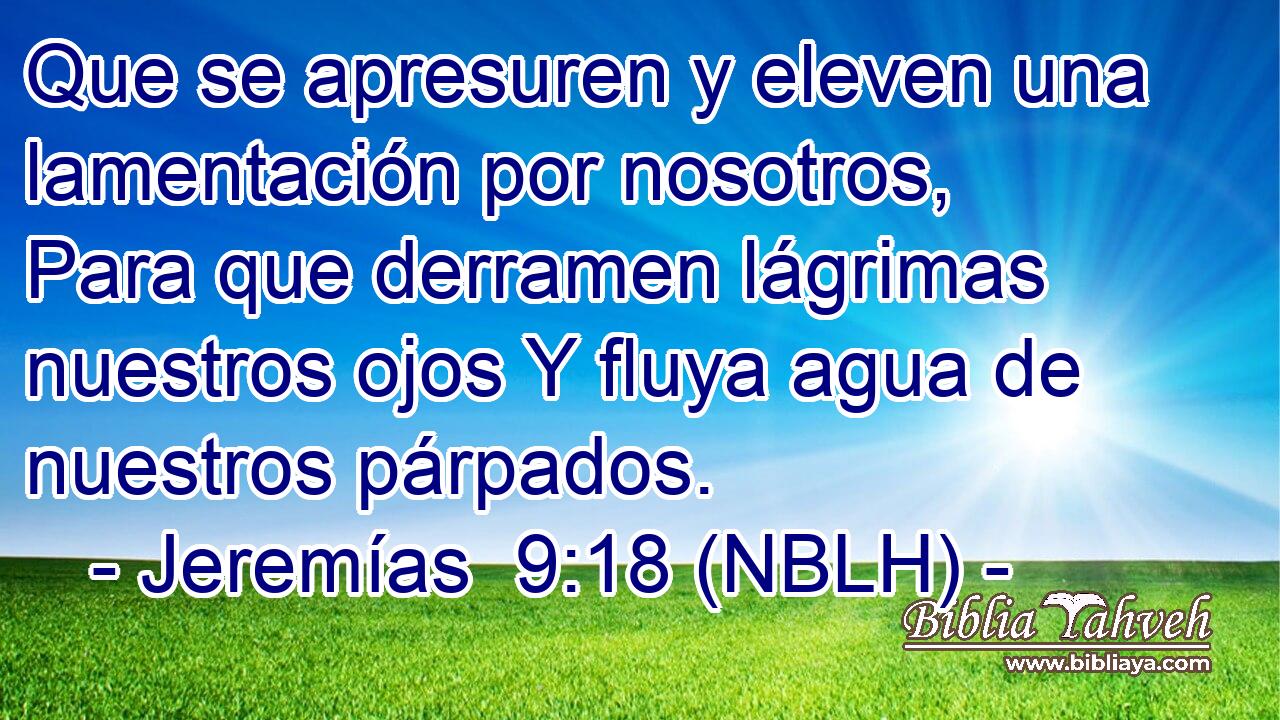  Que se apresuren y eleven una lamentación por nosotros, Para que derramen lágrimas nuestros ojos Y fluya agua de nuestros párpados. 