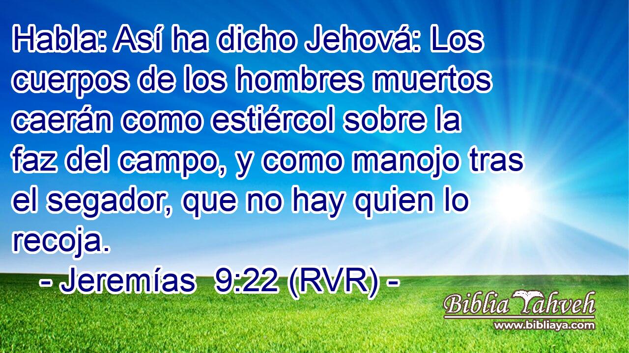 Habla: Así ha dicho Jehová: Los cuerpos de los hombres muertos caerán como estiércol sobre la faz del campo, y como manojo tras el segador, que no hay quien lo recoja.