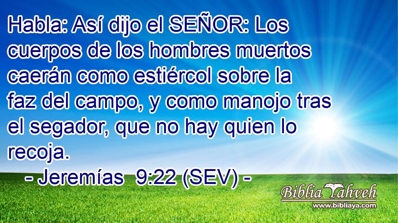 Habla: Así dijo el SEÑOR: Los cuerpos de los hombres muertos caerán como estiércol sobre la faz del campo, y como manojo tras el segador, que no hay quien lo recoja.