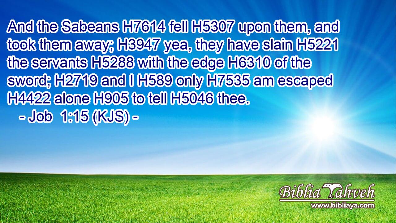 And the Sabeans H7614 fell H5307 upon them, and took them away; H3947 yea, they have slain H5221 the servants H5288 with the edge H6310 of the sword; H2719 and I H589 only H7535 am escaped H4422 alone H905 to tell H5046 thee.