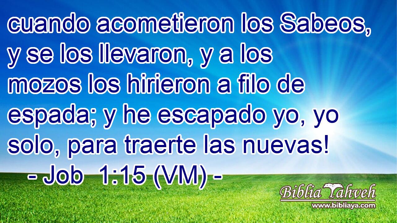  cuando acometieron los Sabeos, y se los llevaron, y a los mozos los hirieron a filo de espada; y he escapado yo, yo solo, para traerte las nuevas! 