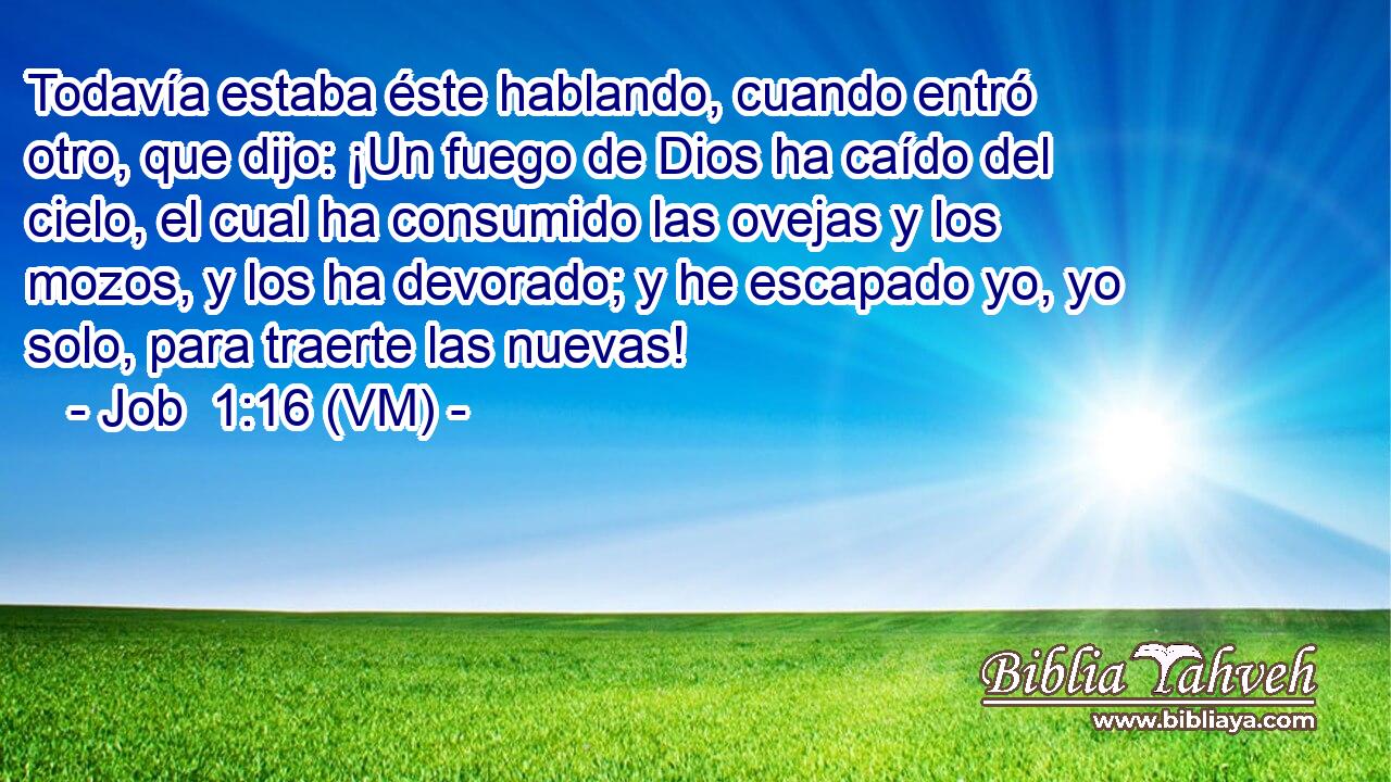  Todavía estaba éste hablando, cuando entró otro, que dijo: ¡Un fuego de Dios ha caído del cielo, el cual ha consumido las ovejas y los mozos, y los ha devorado; y he escapado yo, yo solo, para traerte las nuevas! 