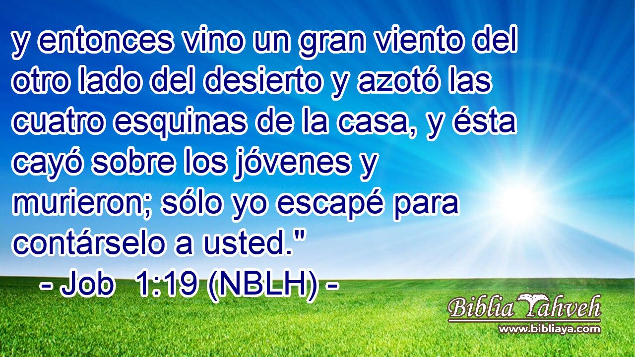  y entonces vino un gran viento del otro lado del desierto y azotó las cuatro esquinas de la casa, y ésta cayó sobre los jóvenes y murieron; sólo yo escapé para contárselo a usted.