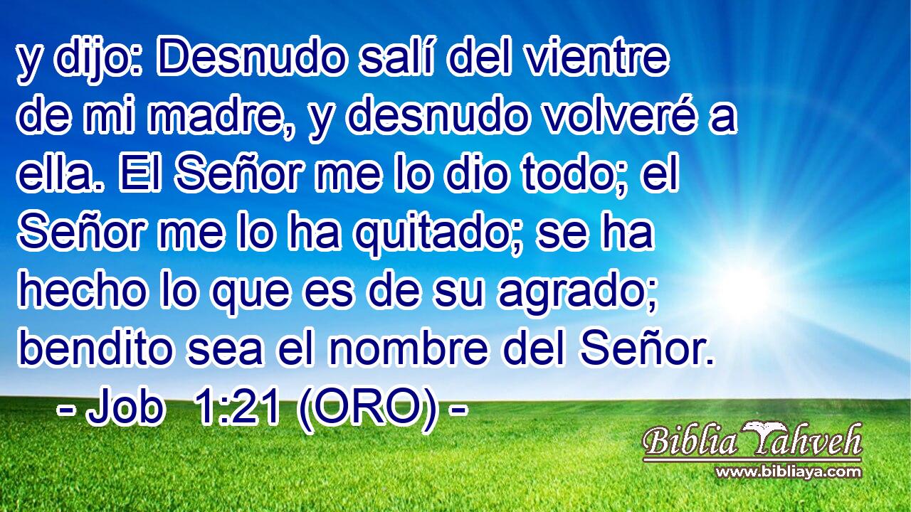  y dijo: Desnudo salí del vientre de mi madre, y desnudo volveré a ella. El Señor me lo dio todo; el Señor me lo ha quitado; se ha hecho lo que es de su agrado; bendito sea el nombre del Señor. 