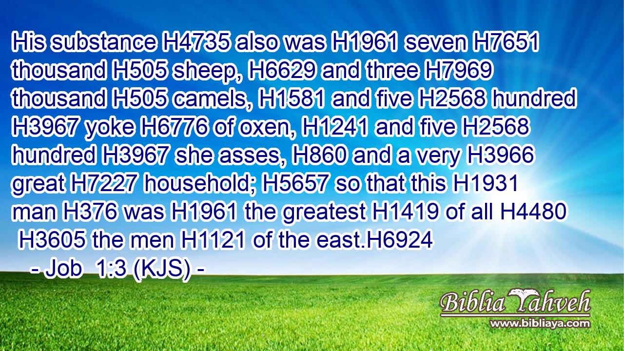 His substance H4735 also was H1961 seven H7651 thousand H505 sheep, H6629 and three H7969 thousand H505 camels, H1581 and five H2568 hundred H3967 yoke H6776 of oxen, H1241 and five H2568 hundred H3967 she asses, H860 and a very H3966 great H7227 household; H5657 so that this H1931 man H376 was H1961 the greatest H1419 of all H4480  H3605 the men H1121 of the east.H6924