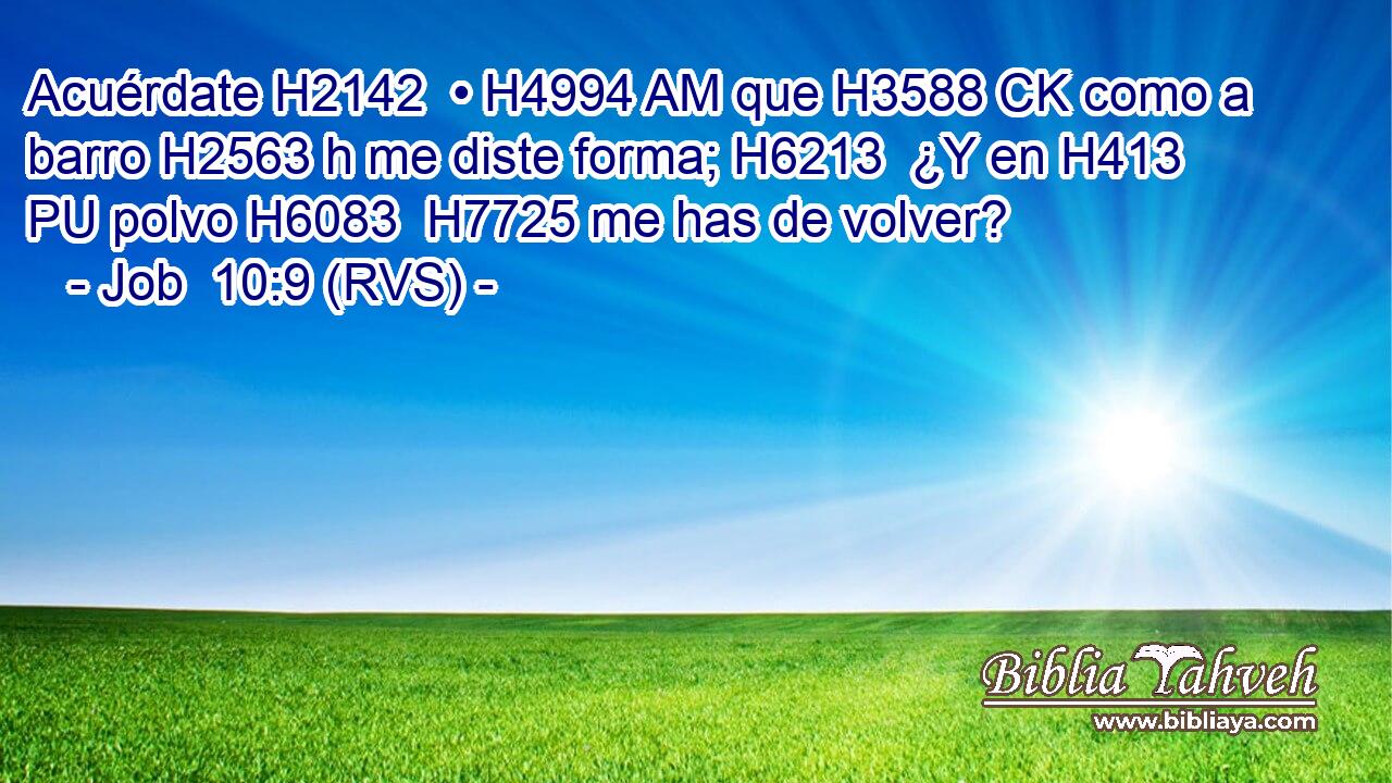 Acuérdate H2142  • H4994 AM que H3588 CK como a barro H2563 h me diste forma; H6213  ¿Y en H413 PU polvo H6083  H7725 me has de volver? 