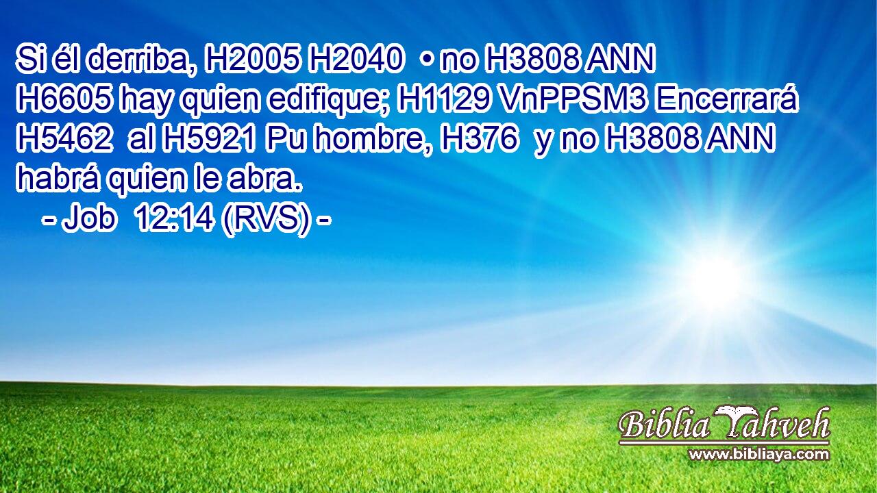 Si él derriba, H2005 H2040  • no H3808 ANN H6605 hay quien edifique; H1129 VnPPSM3 Encerrará H5462  al H5921 Pu hombre, H376  y no H3808 ANN habrá quien le abra. 