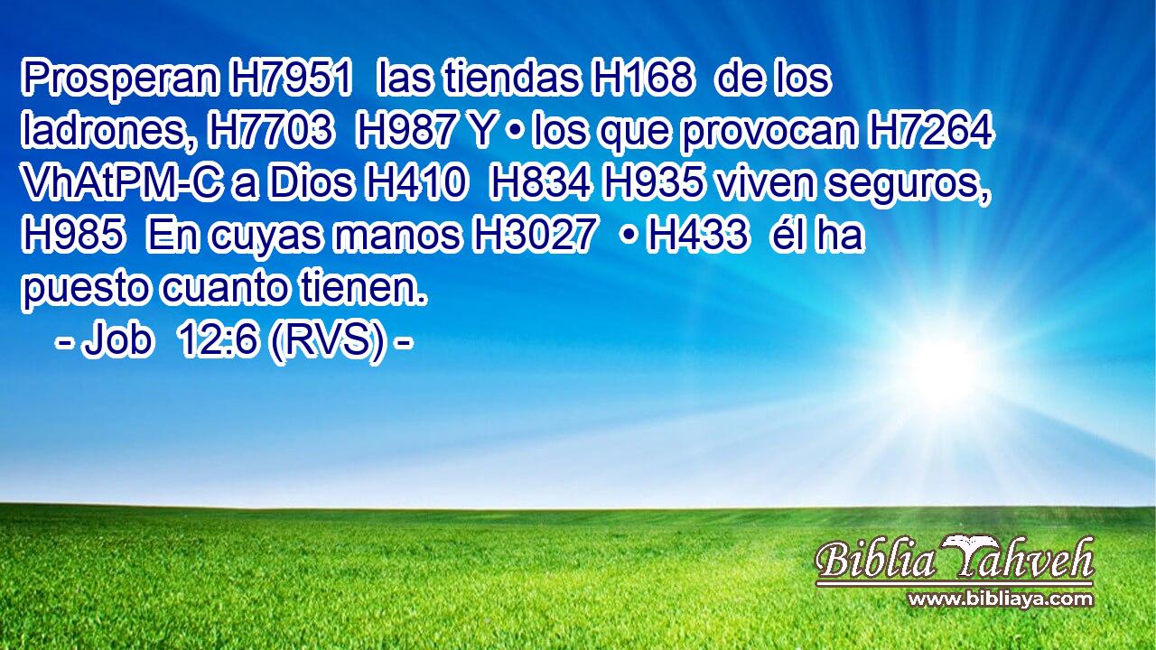 Prosperan H7951  las tiendas H168  de los ladrones, H7703  H987 Y • los que provocan H7264 VhAtPM-C a Dios H410  H834 H935 viven seguros, H985  En cuyas manos H3027  • H433  él ha puesto cuanto tienen. 
