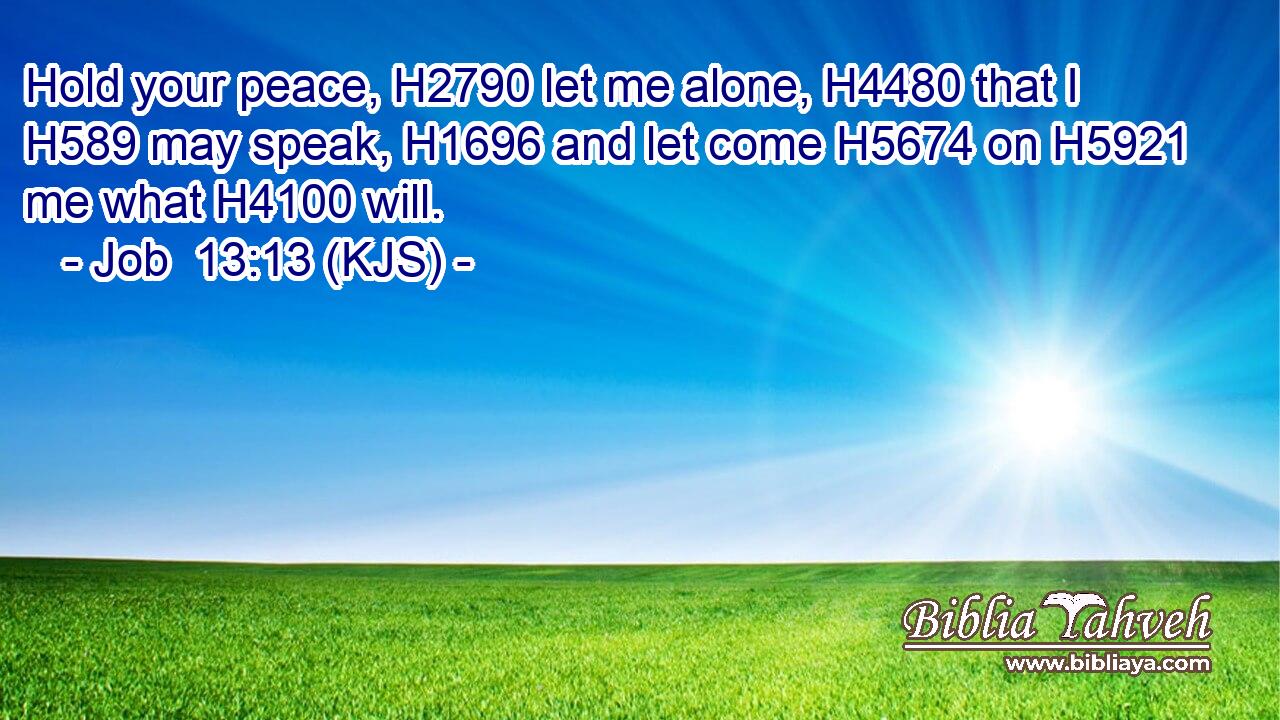 Hold your peace, H2790 let me alone, H4480 that I H589 may speak, H1696 and let come H5674 on H5921 me what H4100 will.