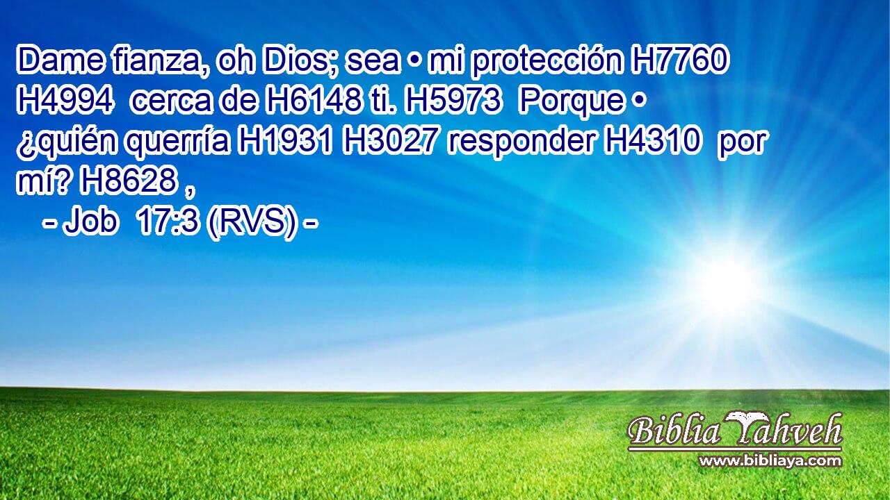Dame fianza, oh Dios; sea • mi protección H7760 H4994  cerca de H6148 ti. H5973  Porque • ¿quién querría H1931 H3027 responder H4310  por mí? H8628 ,  