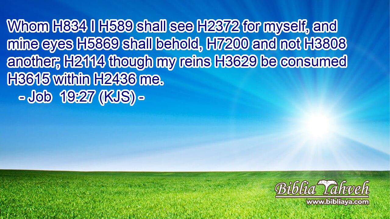 Whom H834 I H589 shall see H2372 for myself, and mine eyes H5869 shall behold, H7200 and not H3808 another; H2114 though my reins H3629 be consumed H3615 within H2436 me.