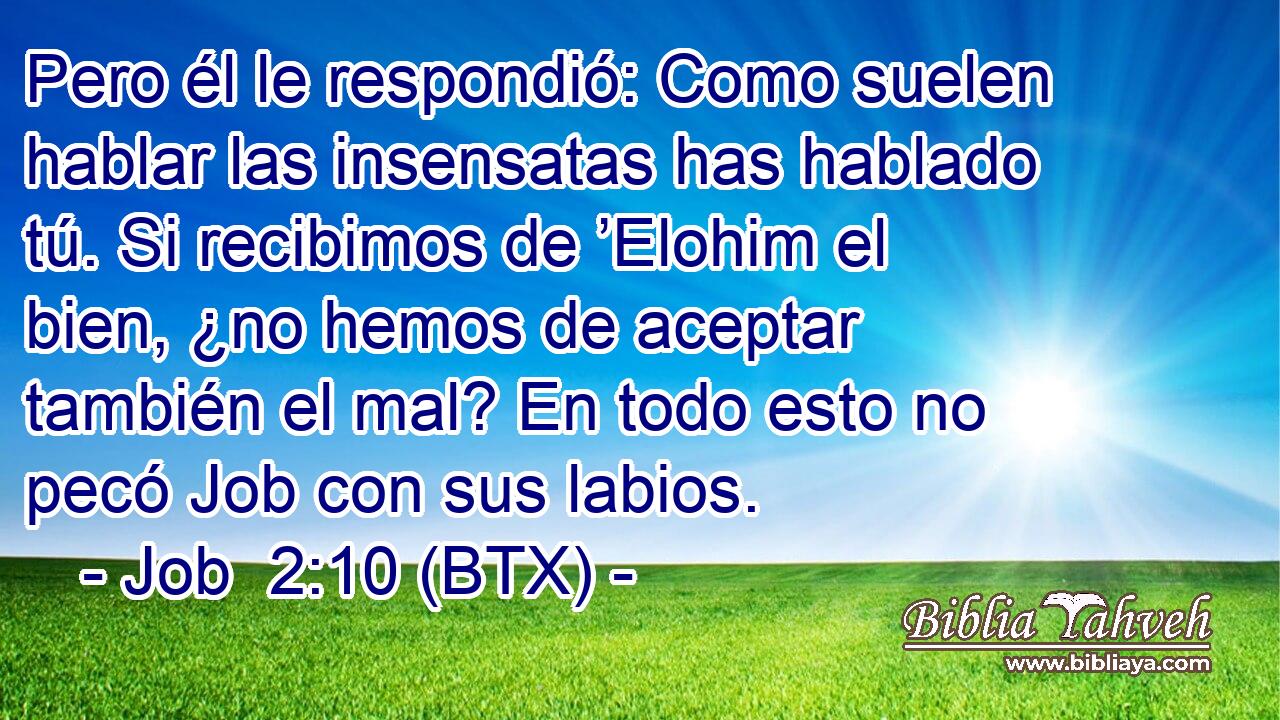 Pero él le respondió: Como suelen hablar las insensatas has hablado tú. Si recibimos de ’Elohim el bien, ¿no hemos de aceptar también el mal? En todo esto no pecó Job con sus labios.