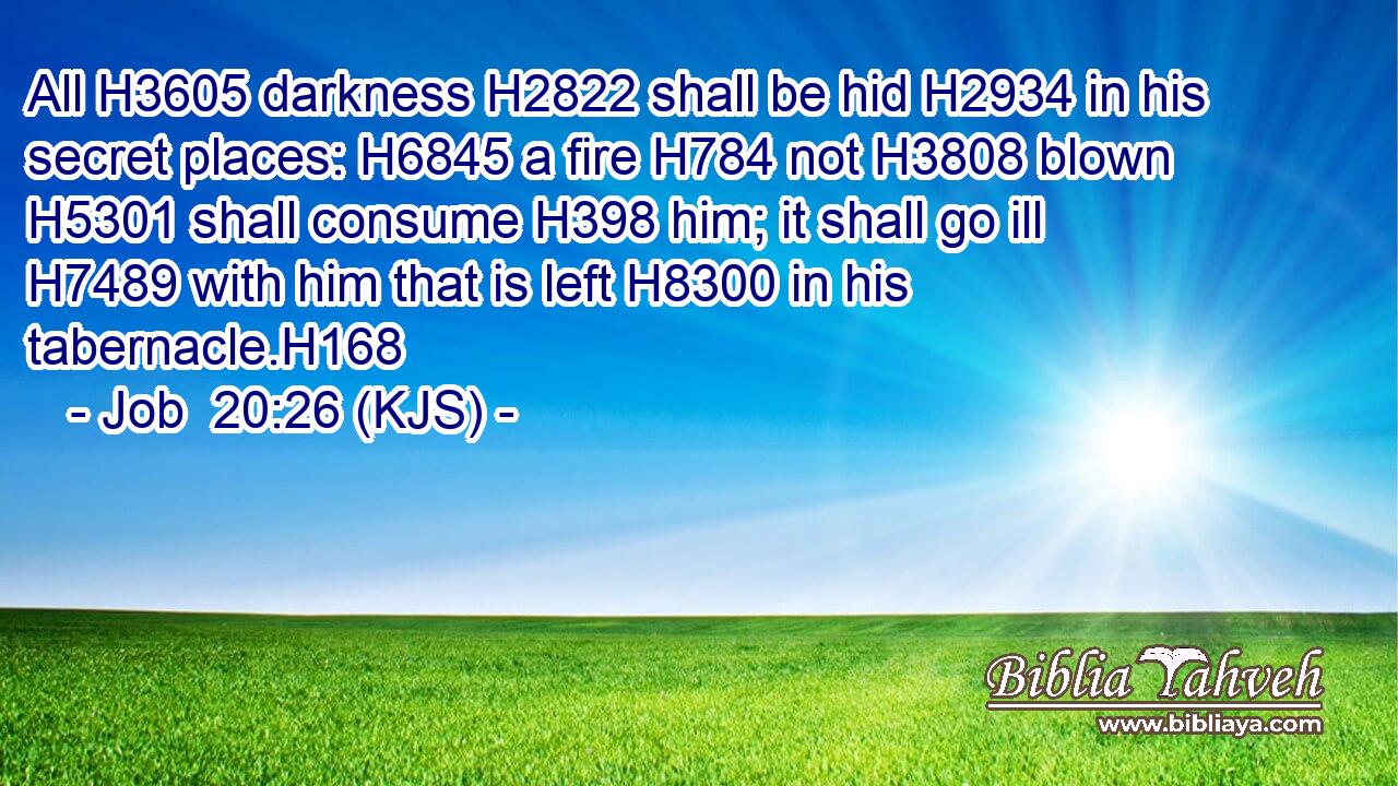 All H3605 darkness H2822 shall be hid H2934 in his secret places: H6845 a fire H784 not H3808 blown H5301 shall consume H398 him; it shall go ill H7489 with him that is left H8300 in his tabernacle.H168