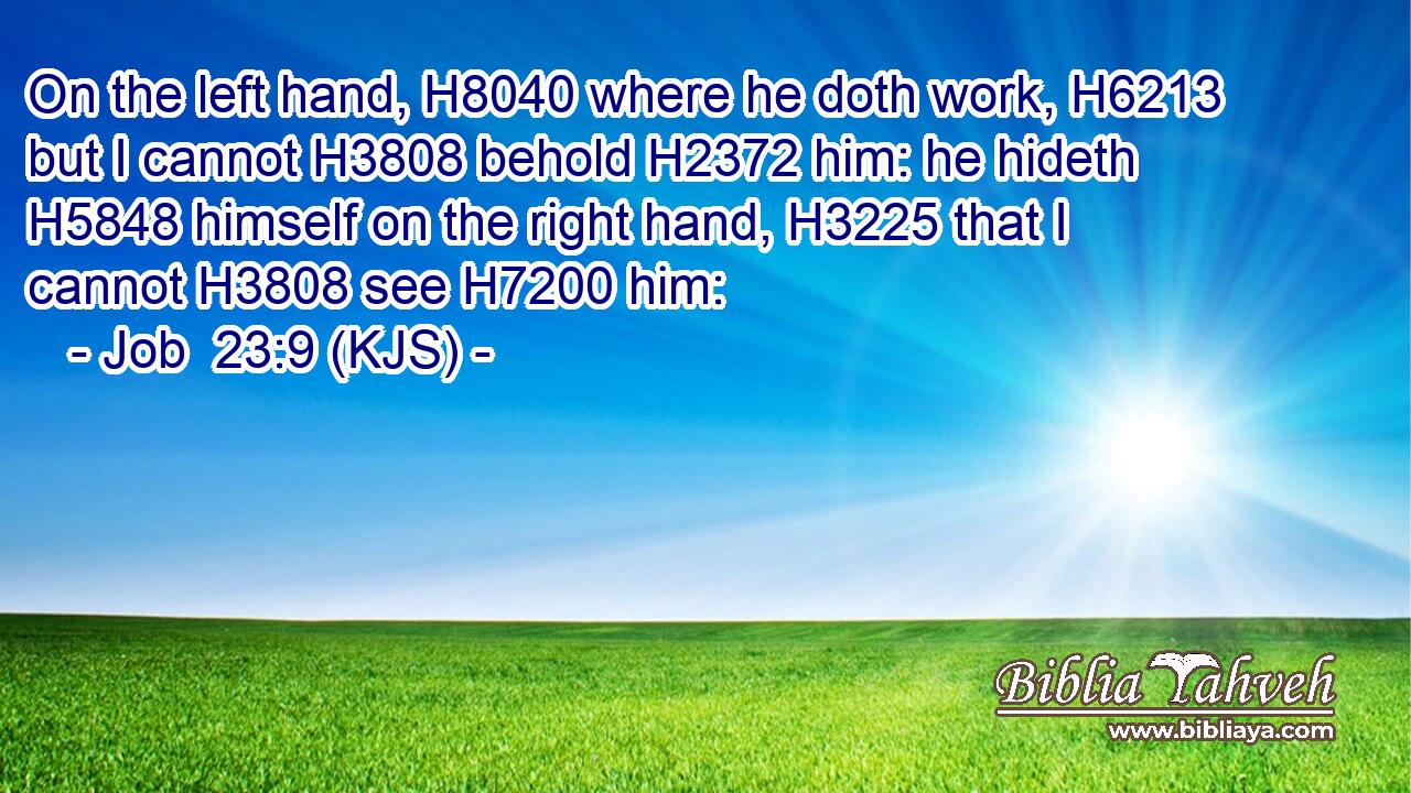 On the left hand, H8040 where he doth work, H6213 but I cannot H3808 behold H2372 him: he hideth H5848 himself on the right hand, H3225 that I cannot H3808 see H7200 him: