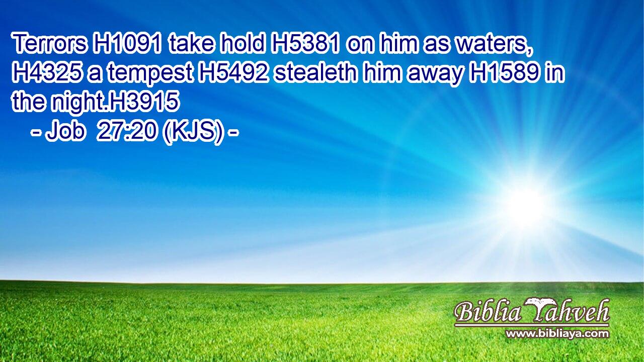 Terrors H1091 take hold H5381 on him as waters, H4325 a tempest H5492 stealeth him away H1589 in the night.H3915