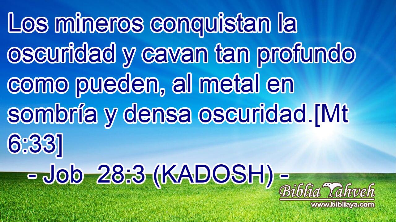  Los mineros conquistan la oscuridad y cavan tan profundo como pueden, al metal en sombría y densa oscuridad.[Mt 6:33] 