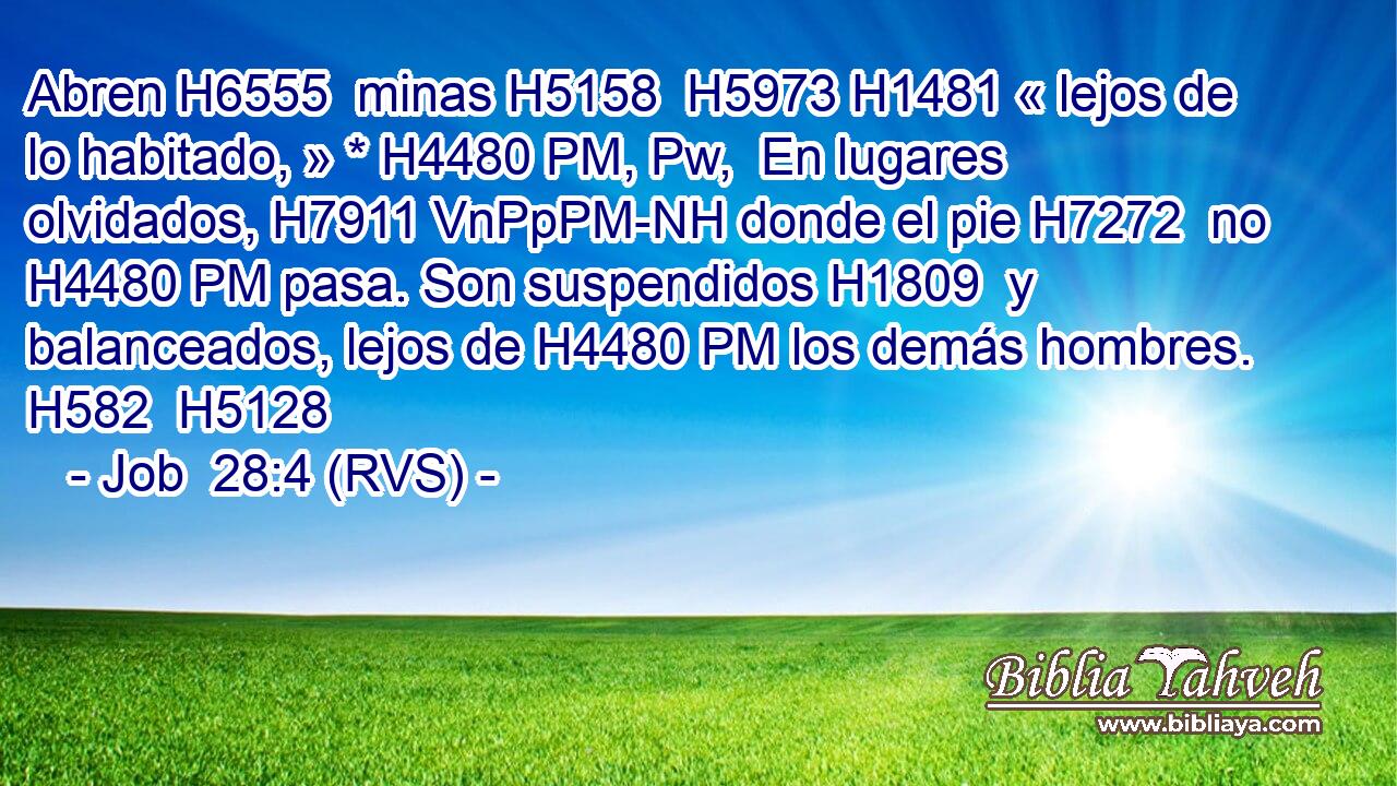 Abren H6555  minas H5158  H5973 H1481 « lejos de lo habitado, » * H4480 PM, Pw,  En lugares olvidados, H7911 VnPpPM-NH donde el pie H7272  no H4480 PM pasa. Son suspendidos H1809  y balanceados, lejos de H4480 PM los demás hombres. H582  H5128 