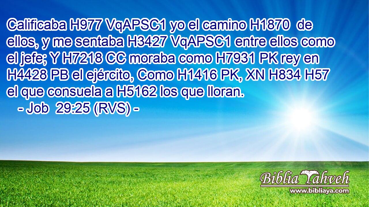 Calificaba H977 VqAPSC1 yo el camino H1870  de ellos, y me sentaba H3427 VqAPSC1 entre ellos como el jefe; Y H7218 CC moraba como H7931 PK rey en H4428 PB el ejército, Como H1416 PK, XN H834 H57 el que consuela a H5162 los que lloran. 