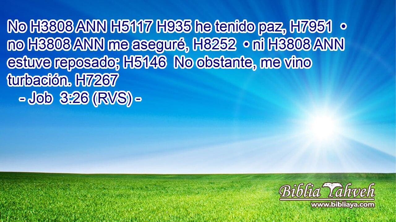 No H3808 ANN H5117 H935 he tenido paz, H7951  • no H3808 ANN me aseguré, H8252  • ni H3808 ANN estuve reposado; H5146  No obstante, me vino turbación. H7267  