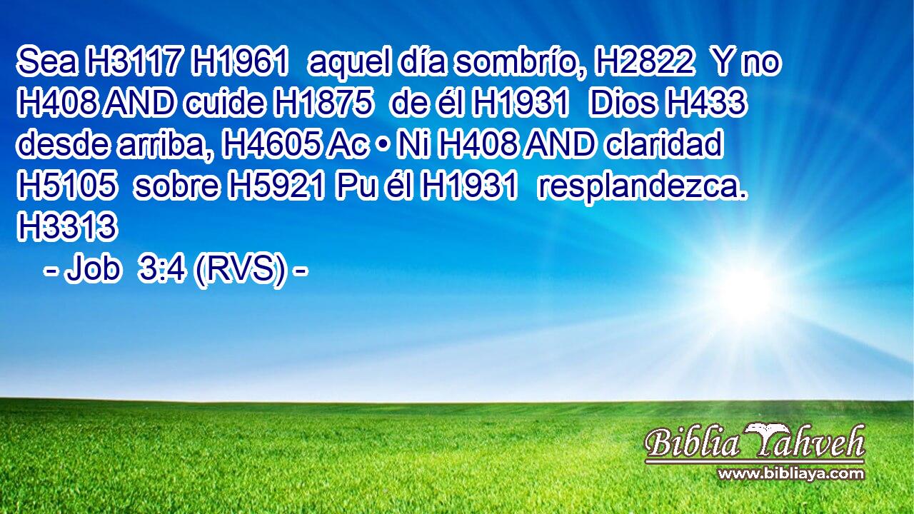 Sea H3117 H1961  aquel día sombrío, H2822  Y no H408 AND cuide H1875  de él H1931  Dios H433  desde arriba, H4605 Ac • Ni H408 AND claridad H5105  sobre H5921 Pu él H1931  resplandezca. H3313  