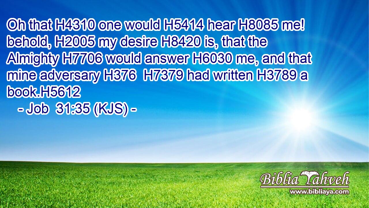 Oh that H4310 one would H5414 hear H8085 me! behold, H2005 my desire H8420 is, that the Almighty H7706 would answer H6030 me, and that mine adversary H376  H7379 had written H3789 a book.H5612