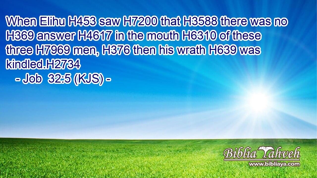 When Elihu H453 saw H7200 that H3588 there was no H369 answer H4617 in the mouth H6310 of these three H7969 men, H376 then his wrath H639 was kindled.H2734
