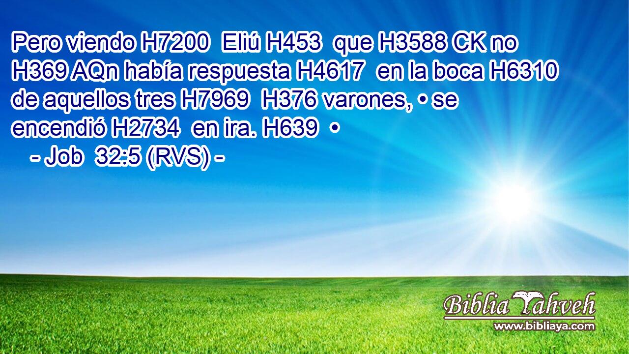 Pero viendo H7200  Eliú H453  que H3588 CK no H369 AQn había respuesta H4617  en la boca H6310  de aquellos tres H7969  H376 varones, • se encendió H2734  en ira. H639  • 