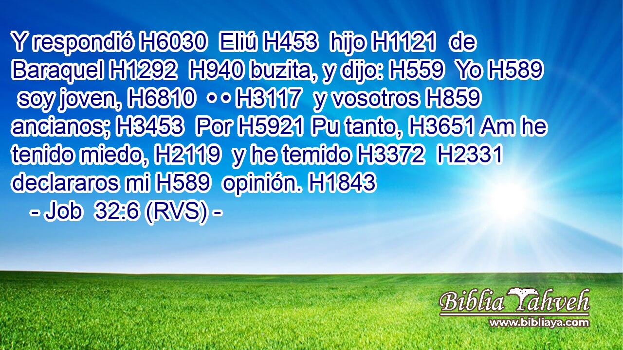 Y respondió H6030  Eliú H453  hijo H1121  de Baraquel H1292  H940 buzita, y dijo: H559  Yo H589  soy joven, H6810  • • H3117  y vosotros H859  ancianos; H3453  Por H5921 Pu tanto, H3651 Am he tenido miedo, H2119  y he temido H3372  H2331 declararos mi H589  opinión. H1843  