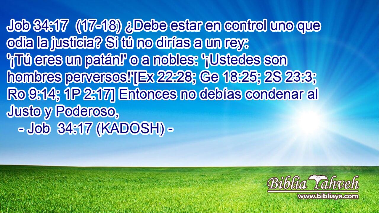  (17-18) ¿Debe estar en control uno que odia la justicia? Si tú no dirías a un rey: '¡Tú eres un patán!' o a nobles: '¡Ustedes son hombres perversos!'[Ex 22:28; Ge 18:25; 2S 23:3; Ro 9:14; 1P 2:17] Entonces no debías condenar al Justo y Poderoso, 