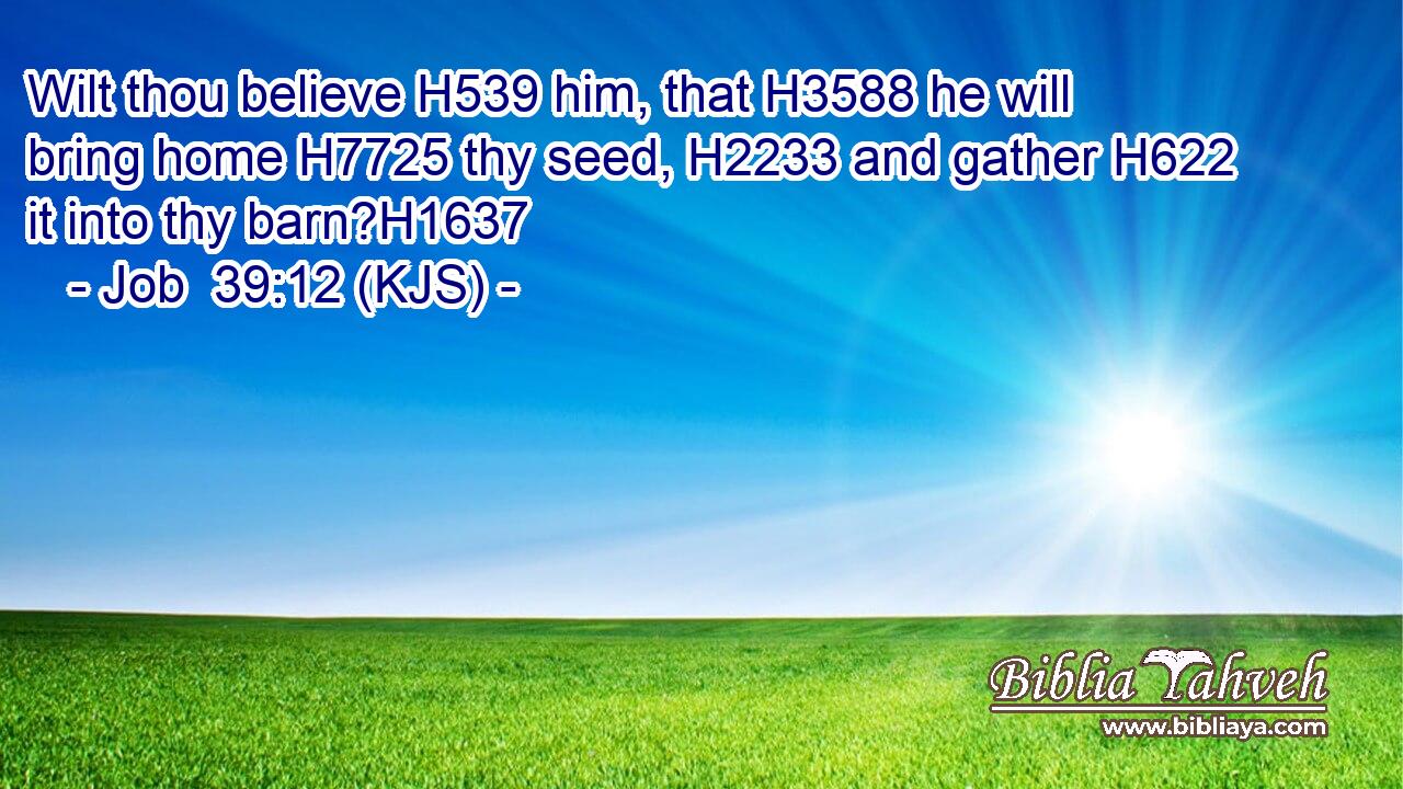 Wilt thou believe H539 him, that H3588 he will bring home H7725 thy seed, H2233 and gather H622 it into thy barn?H1637