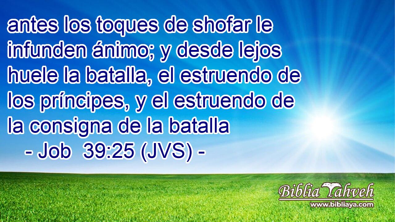 antes los toques de shofar le infunden ánimo; y desde lejos huele la batalla, el estruendo de los príncipes, y el estruendo de la consigna de la batalla
