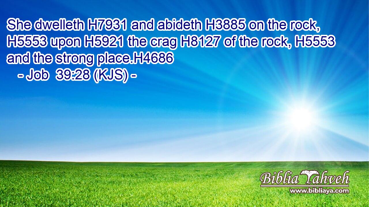 She dwelleth H7931 and abideth H3885 on the rock, H5553 upon H5921 the crag H8127 of the rock, H5553 and the strong place.H4686