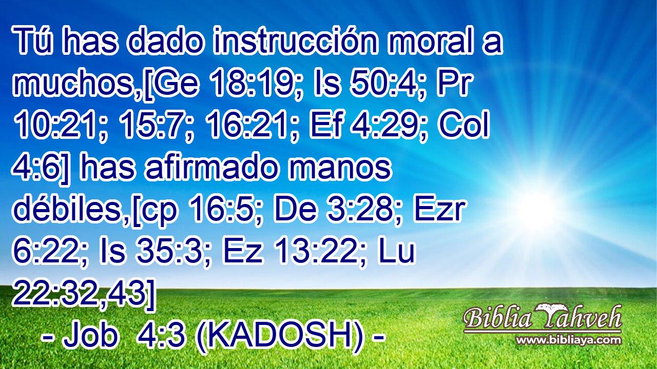  Tú has dado instrucción moral a muchos,[Ge 18:19; Is 50:4; Pr 10:21; 15:7; 16:21; Ef 4:29; Col 4:6] has afirmado manos débiles,[cp 16:5; De 3:28; Ezr 6:22; Is 35:3; Ez 13:22; Lu 22:32,43] 