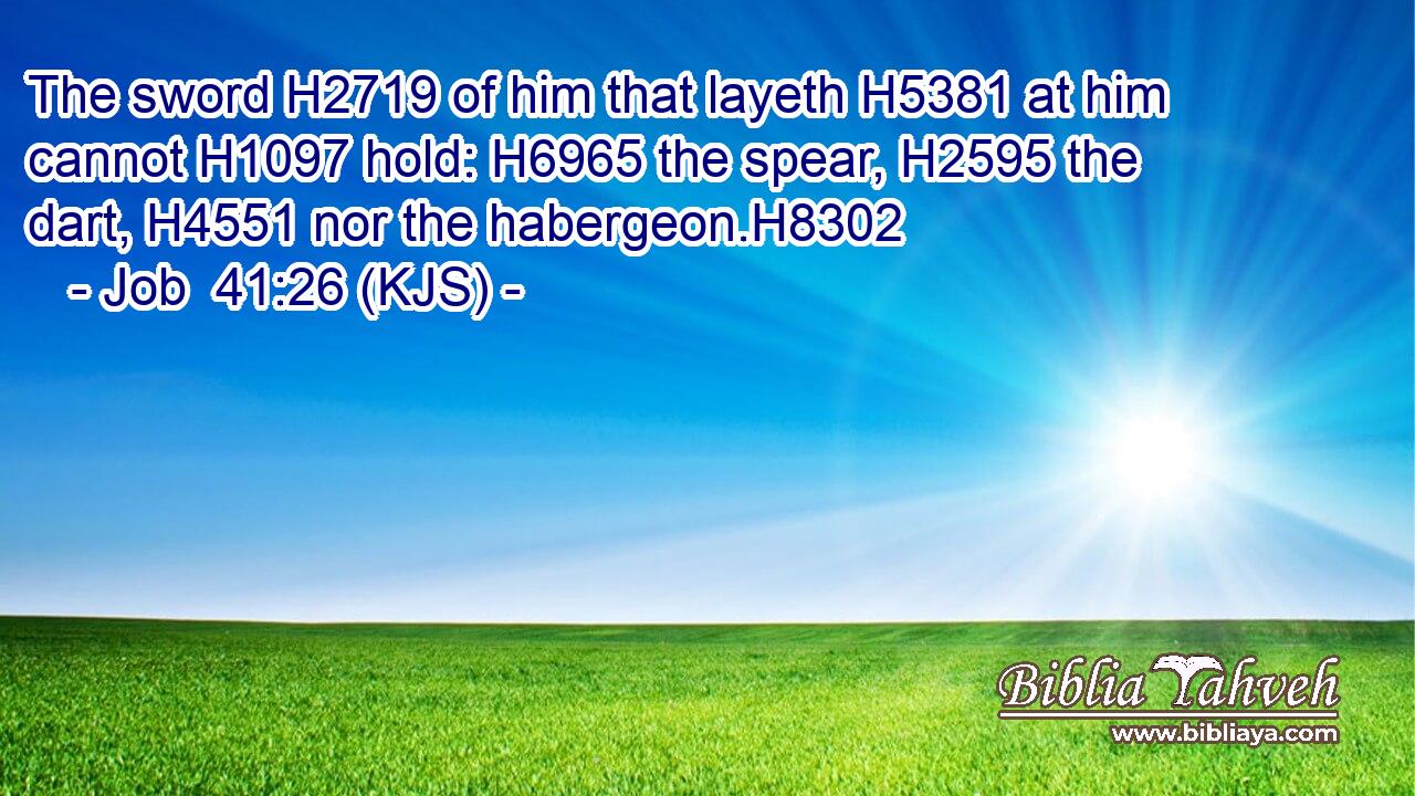 The sword H2719 of him that layeth H5381 at him cannot H1097 hold: H6965 the spear, H2595 the dart, H4551 nor the habergeon.H8302