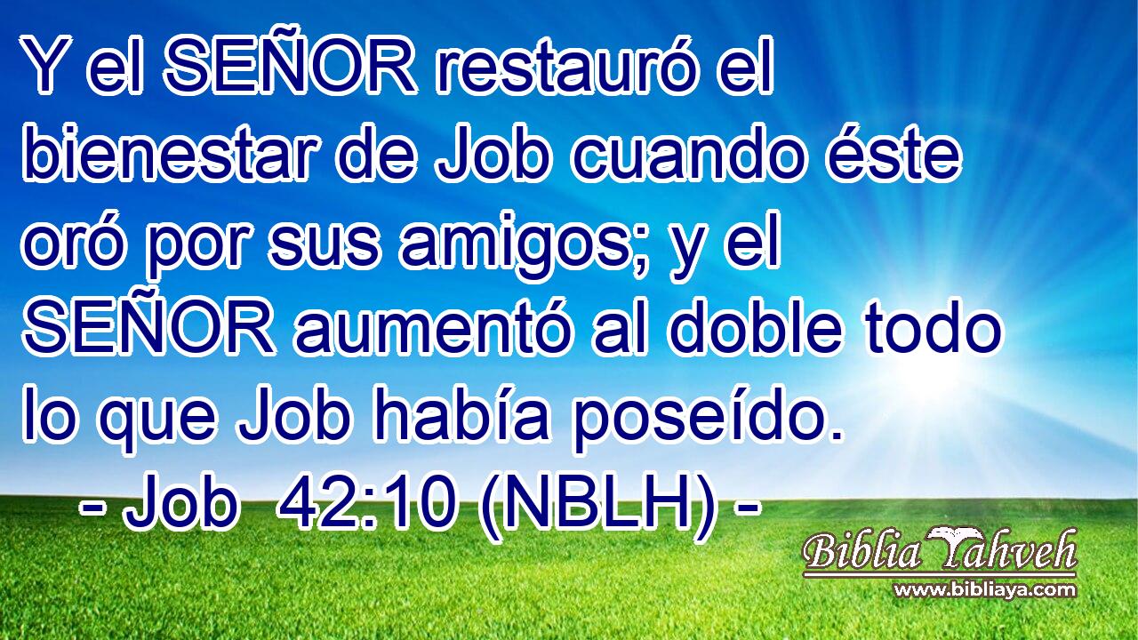  Y el SEÑOR restauró el bienestar de Job cuando éste oró por sus amigos; y el SEÑOR aumentó al doble todo lo que Job había poseído. 