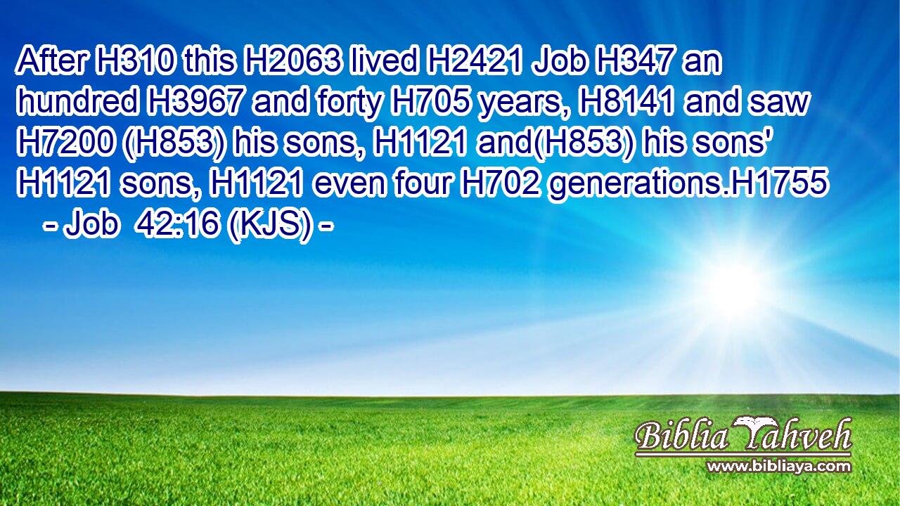 After H310 this H2063 lived H2421 Job H347 an hundred H3967 and forty H705 years, H8141 and saw H7200 (H853) his sons, H1121 and(H853) his sons' H1121 sons, H1121 even four H702 generations.H1755