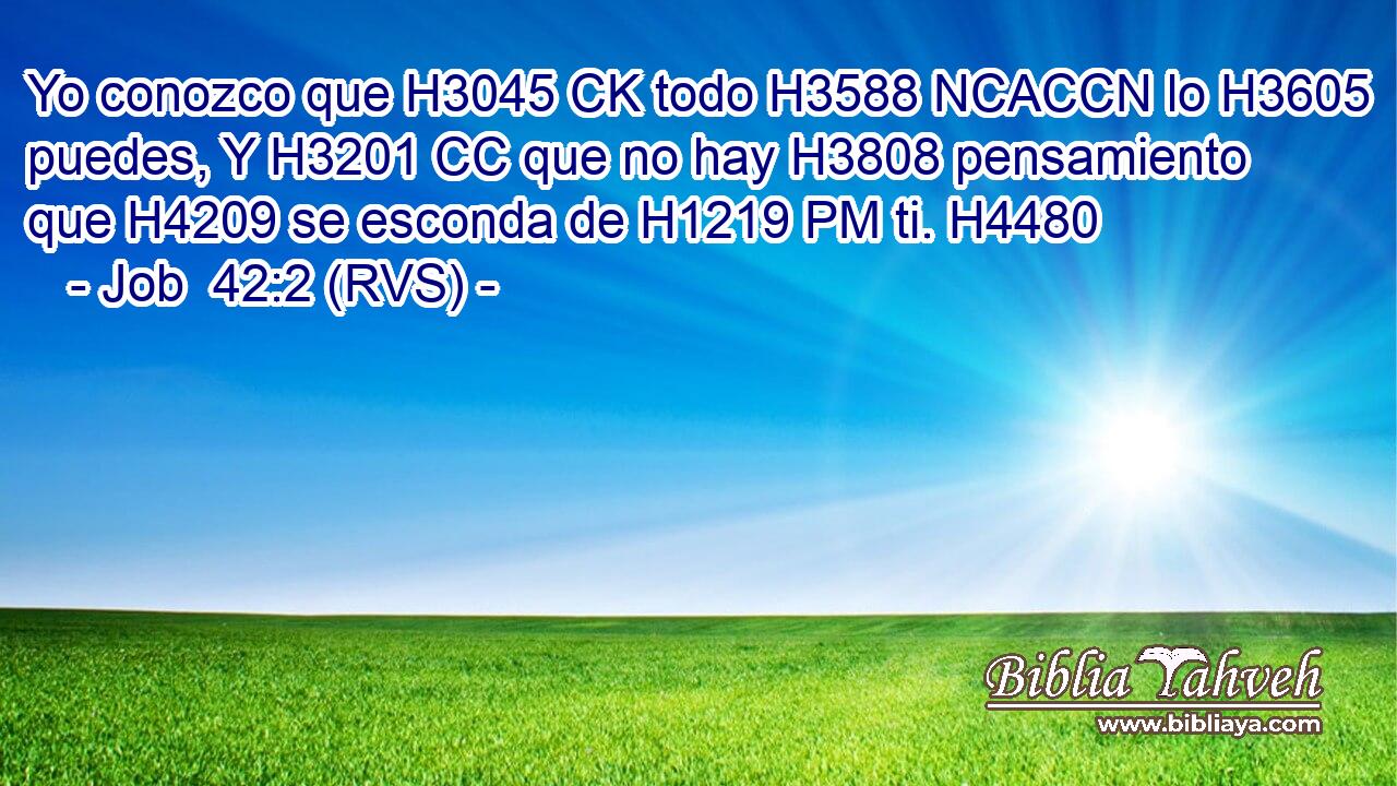 Yo conozco que H3045 CK todo H3588 NCACCN lo H3605 puedes, Y H3201 CC que no hay H3808 pensamiento que H4209 se esconda de H1219 PM ti. H4480  
