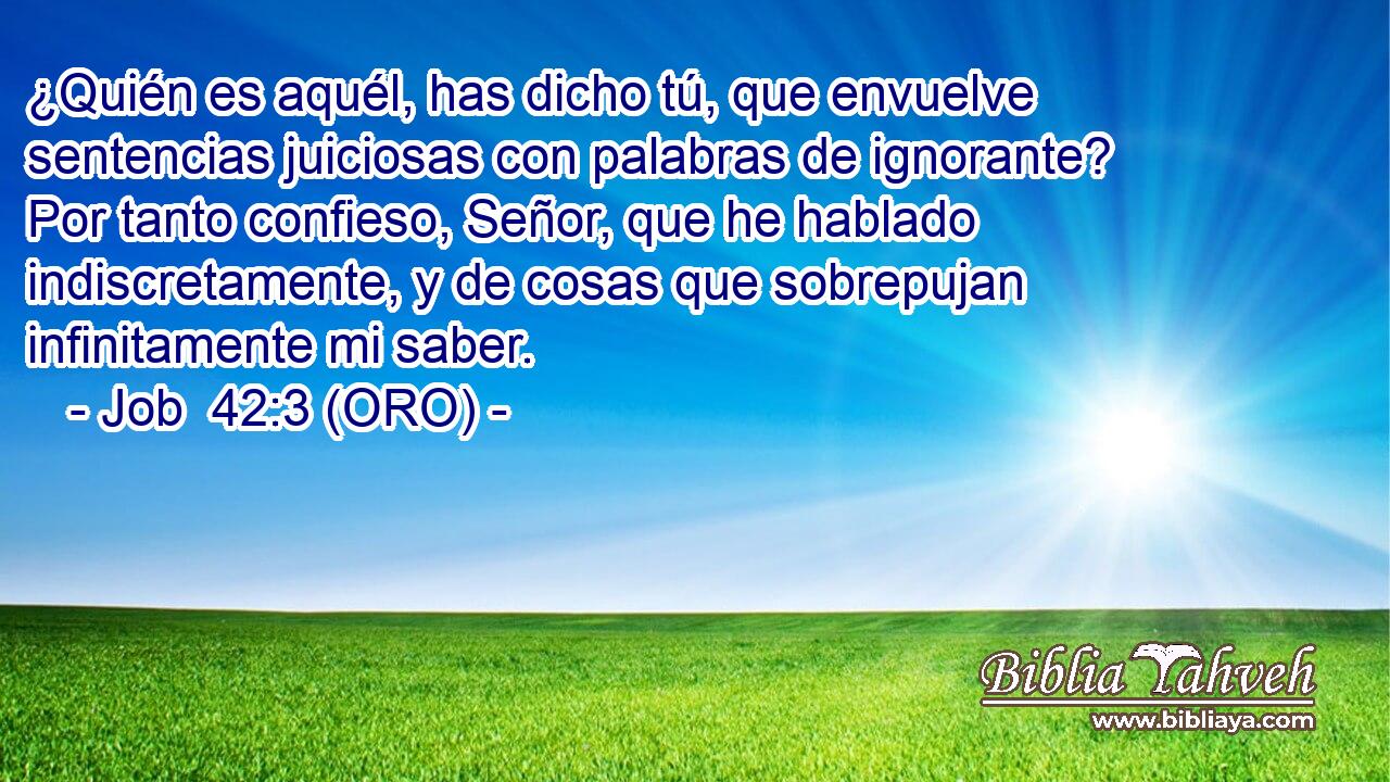  ¿Quién es aquél, has dicho tú, que envuelve sentencias juiciosas con palabras de ignorante? Por tanto confieso, Señor, que he hablado indiscretamente, y de cosas que sobrepujan infinitamente mi saber. 
