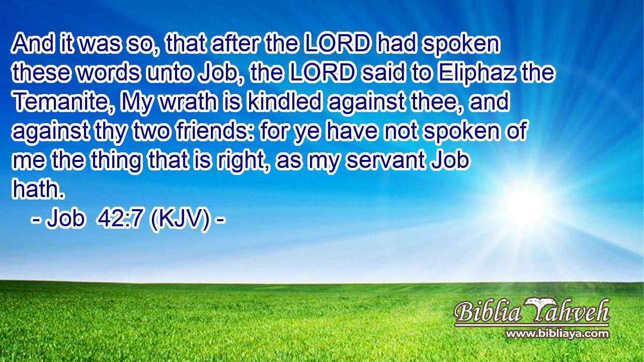 And it was so, that after the LORD had spoken these words unto Job, the LORD said to Eliphaz the Temanite, My wrath is kindled against thee, and against thy two friends: for ye have not spoken of me the thing that is right, as my servant Job hath.