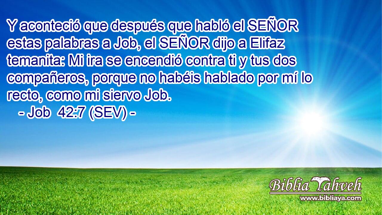 Y aconteció que después que habló el SEÑOR estas palabras a Job, el SEÑOR dijo a Elifaz temanita: Mi ira se encendió contra ti y tus dos compañeros, porque no habéis hablado por mí lo recto, como mi siervo Job.