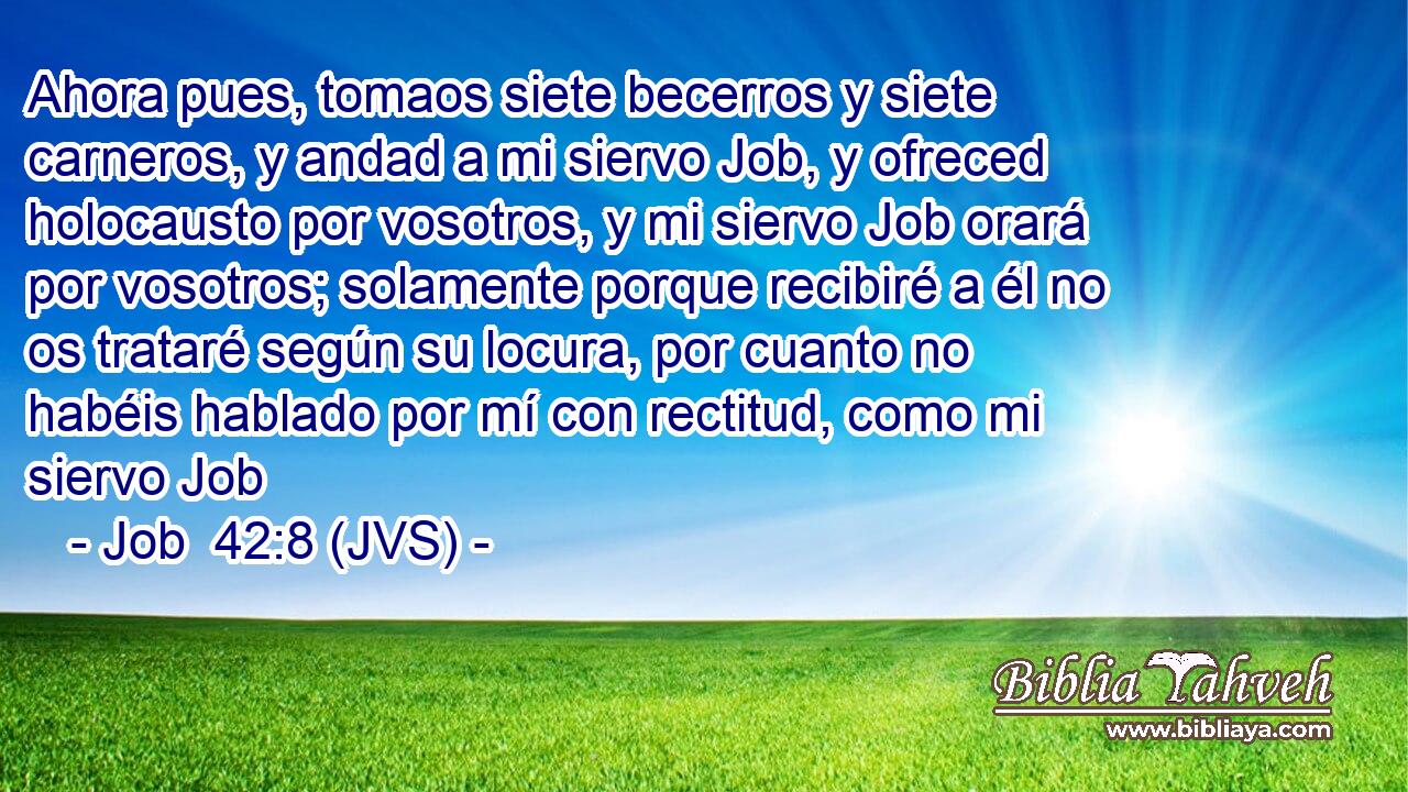 Ahora pues, tomaos siete becerros y siete carneros, y andad a mi siervo Job, y ofreced holocausto por vosotros, y mi siervo Job orará por vosotros; solamente porque recibiré a él no os trataré según su locura, por cuanto no habéis hablado por mí con rectitud, como mi siervo Job