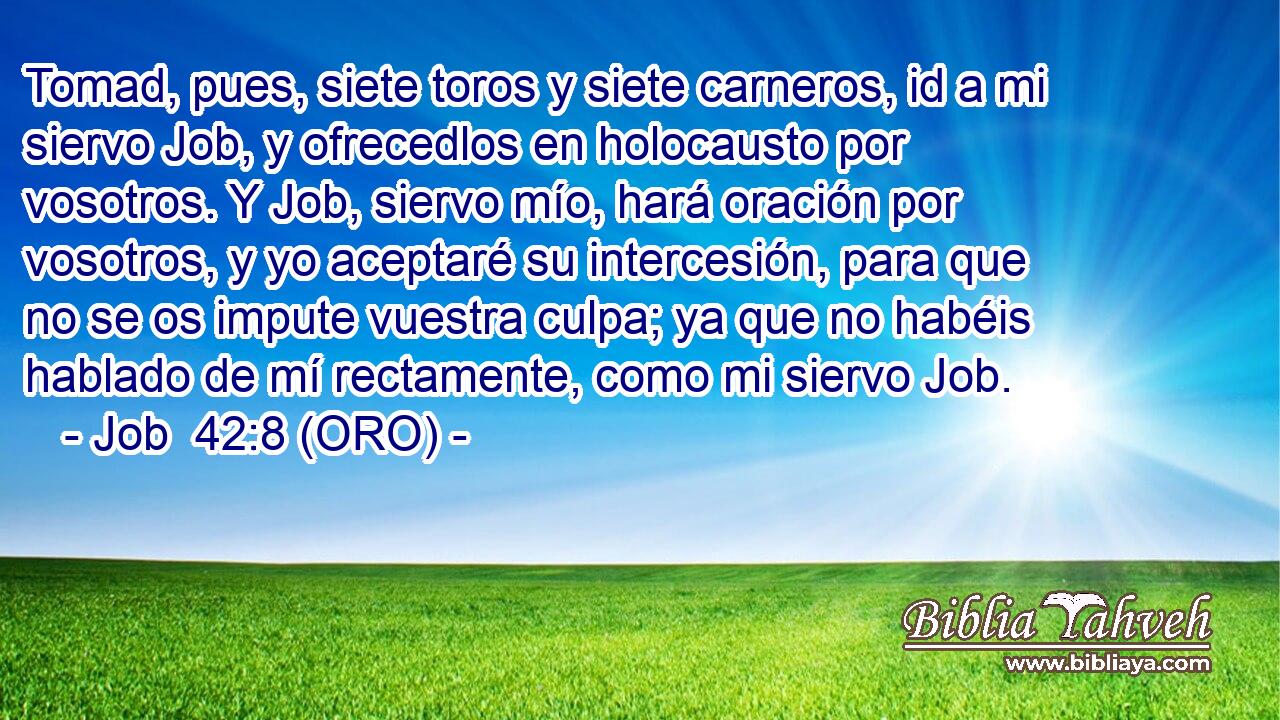  Tomad, pues, siete toros y siete carneros, id a mi siervo Job, y ofrecedlos en holocausto por vosotros. Y Job, siervo mío, hará oración por vosotros, y yo aceptaré su intercesión, para que no se os impute vuestra culpa; ya que no habéis hablado de mí rectamente, como mi siervo Job. 