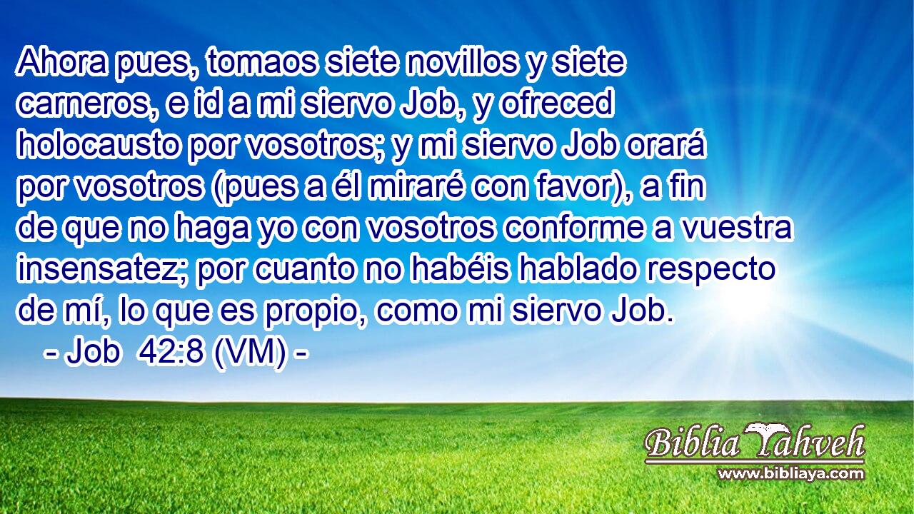  Ahora pues, tomaos siete novillos y siete carneros, e id a mi siervo Job, y ofreced holocausto por vosotros; y mi siervo Job orará por vosotros (pues a él miraré con favor), a fin de que no haga yo con vosotros conforme a vuestra insensatez; por cuanto no habéis hablado respecto de mí, lo que es propio, como mi siervo Job. 
