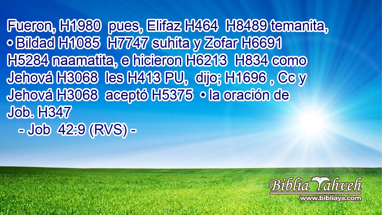 Fueron, H1980  pues, Elifaz H464  H8489 temanita, • Bildad H1085  H7747 suhita y Zofar H6691  H5284 naamatita, e hicieron H6213  H834 como Jehová H3068  les H413 PU,  dijo; H1696 , Cc y Jehová H3068  aceptó H5375  • la oración de Job. H347  