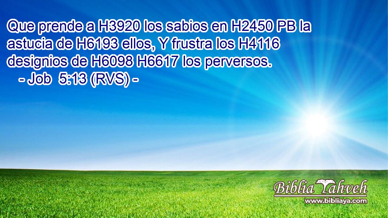 Que prende a H3920 los sabios en H2450 PB la astucia de H6193 ellos, Y frustra los H4116 designios de H6098 H6617 los perversos. 