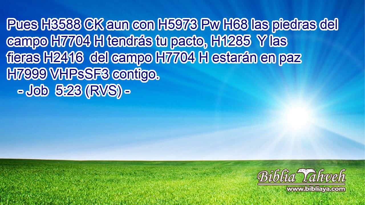 Pues H3588 CK aun con H5973 Pw H68 las piedras del campo H7704 H tendrás tu pacto, H1285  Y las fieras H2416  del campo H7704 H estarán en paz H7999 VHPsSF3 contigo. 